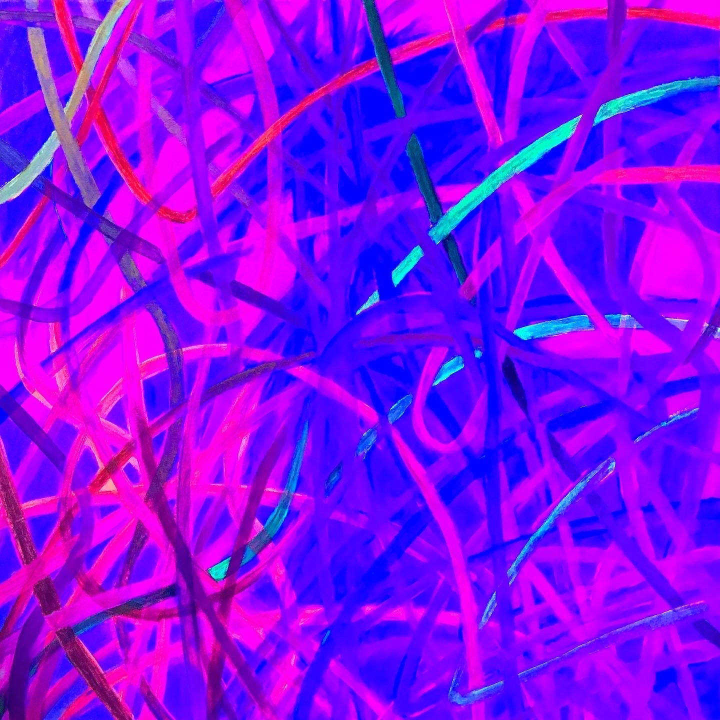 Metallic and fluorescent acrylics painting with colorful dynamic lines, under UV light